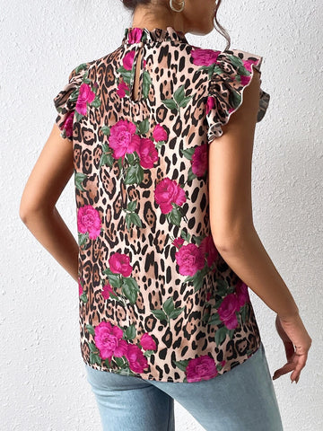 EMERY ROSE Floral & Leopard Print Ruffle Trim Mock Neck Blouse