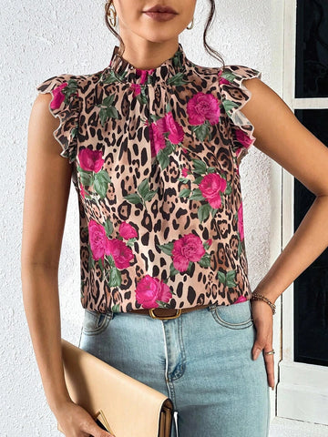 EMERY ROSE Floral & Leopard Print Ruffle Trim Mock Neck Blouse