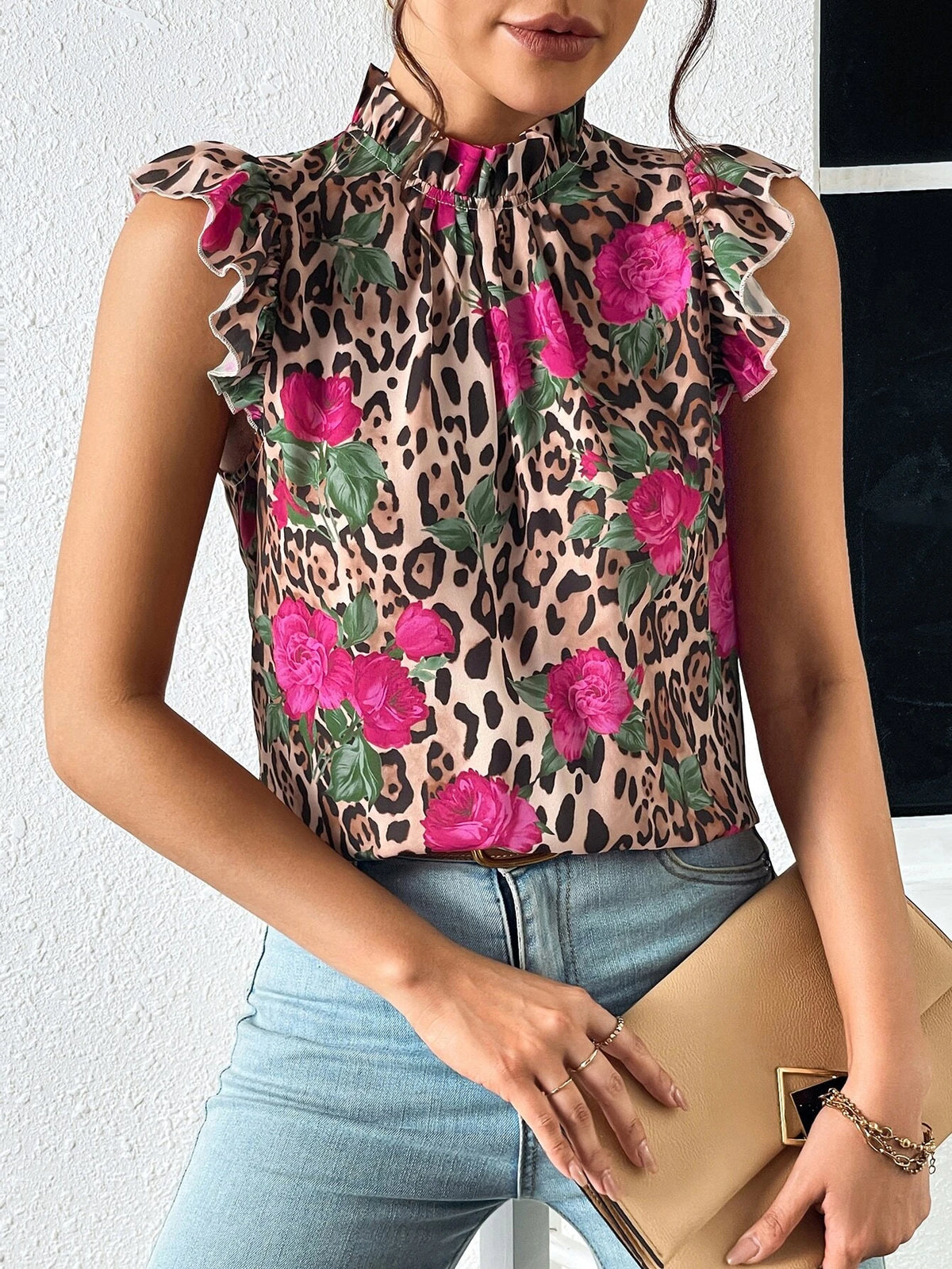 EMERY ROSE Floral & Leopard Print Ruffle Trim Mock Neck Blouse