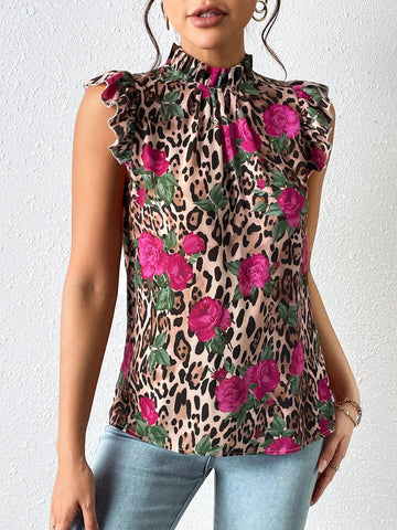 EMERY ROSE Floral & Leopard Print Ruffle Trim Mock Neck Blouse