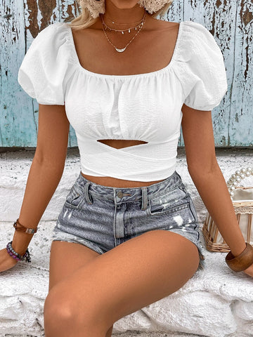 VCAY Cut Out Knot Front Puff Sleeve Crop Blouse