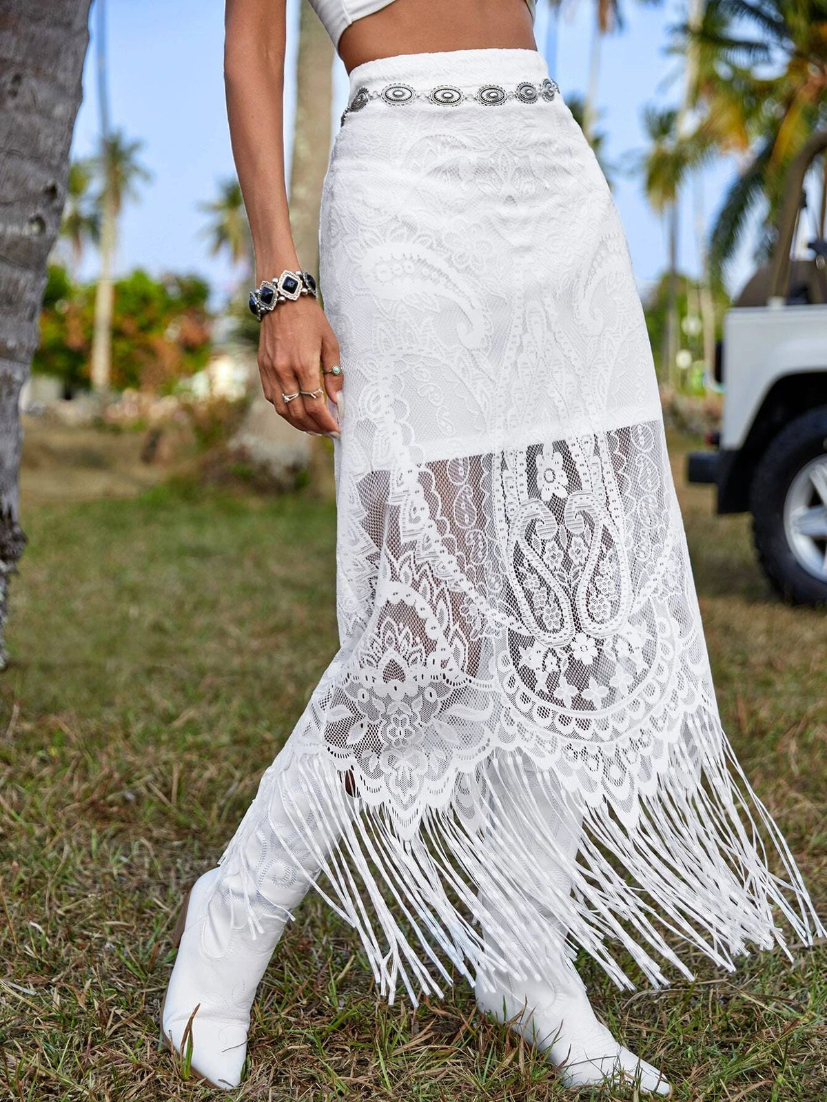 VCAY Fringe Hem Lace Overlay Skirt Without Belt