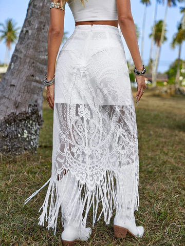 VCAY Fringe Hem Lace Overlay Skirt Without Belt