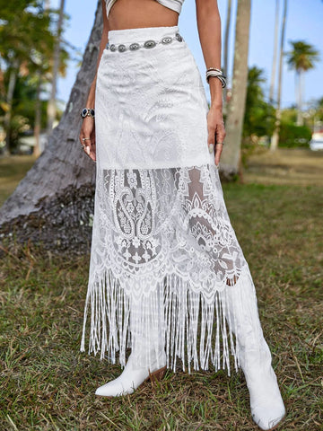 VCAY Fringe Hem Lace Overlay Skirt Without Belt