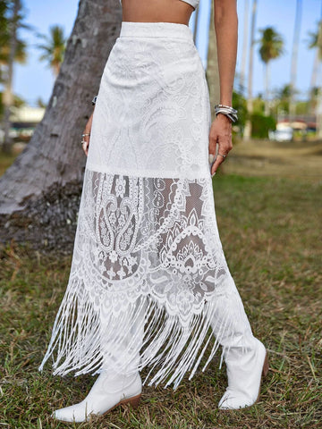 VCAY Fringe Hem Lace Overlay Skirt Without Belt