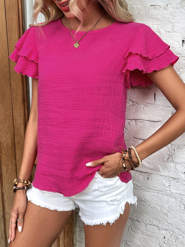 EMERY ROSE Solid Butterfly Sleeve Keyhole Back Blouse