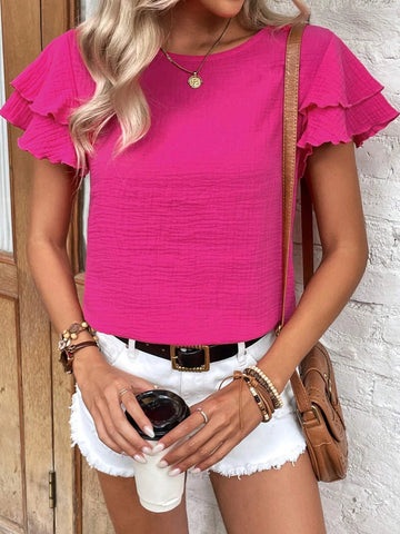 EMERY ROSE Solid Butterfly Sleeve Keyhole Back Blouse