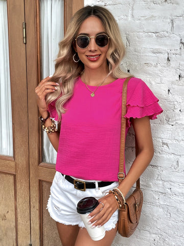 EMERY ROSE Solid Butterfly Sleeve Keyhole Back Blouse