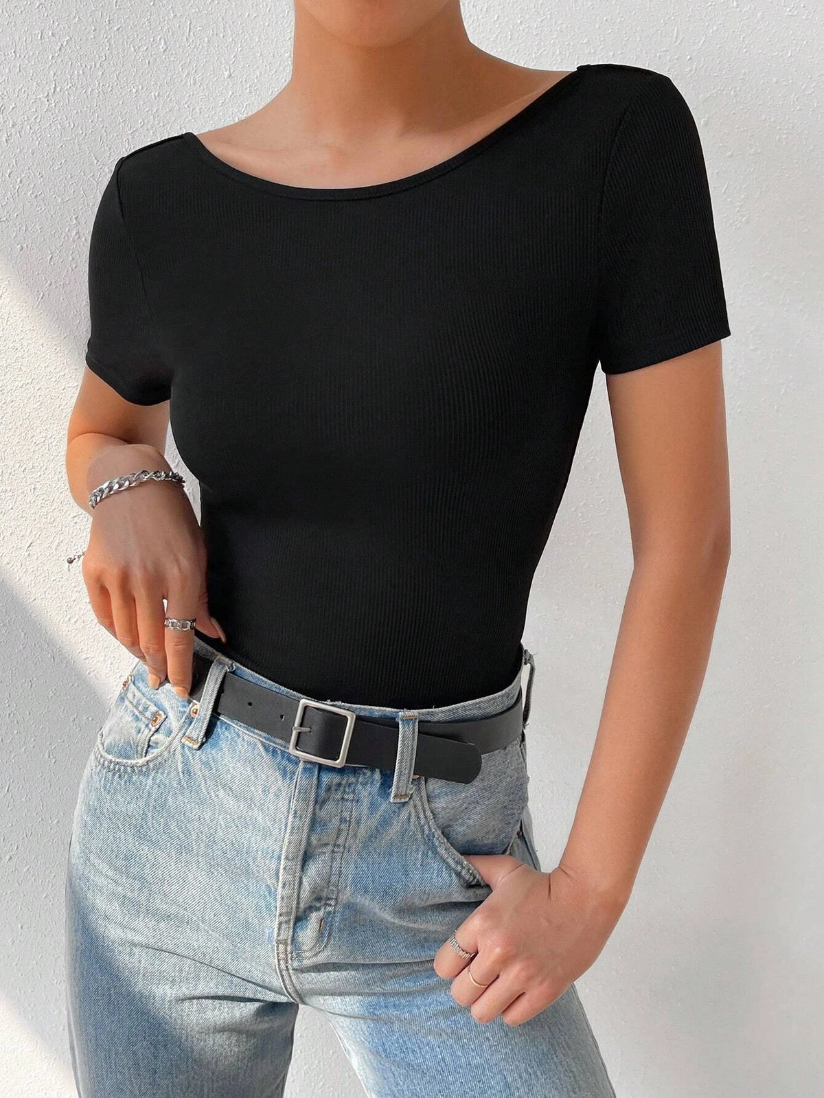 EZwear Solid Backless Rib Knit Tee