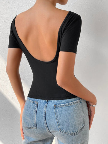 EZwear Solid Backless Rib Knit Tee