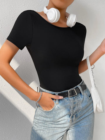 EZwear Solid Backless Rib Knit Tee