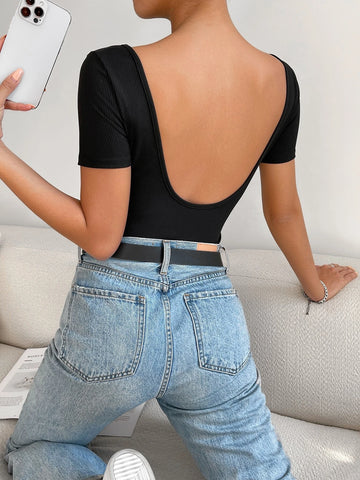 EZwear Solid Backless Rib Knit Tee