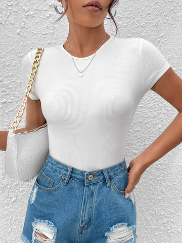 Solid Ribbed Knit Tee Bodysuit