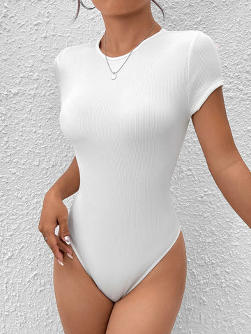 Solid Ribbed Knit Tee Bodysuit