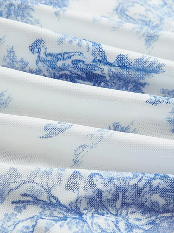 MOD Landscape Print Square Neck Lettuce Trim Curved Hem Tee