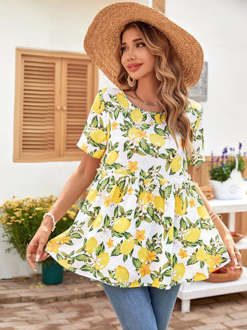 EMERY ROSE 1pc Lemon Print Ruffle Hem Blouse