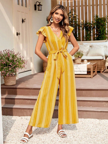 EMERY ROSE Striped Print Butterfly Sleeve Belted Wide Leg Jumpsuit