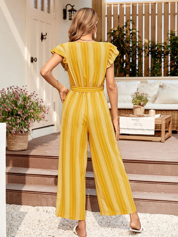 EMERY ROSE Striped Print Butterfly Sleeve Belted Wide Leg Jumpsuit