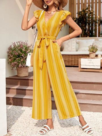 EMERY ROSE Striped Print Butterfly Sleeve Belted Wide Leg Jumpsuit