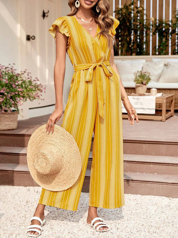 EMERY ROSE Striped Print Butterfly Sleeve Belted Wide Leg Jumpsuit