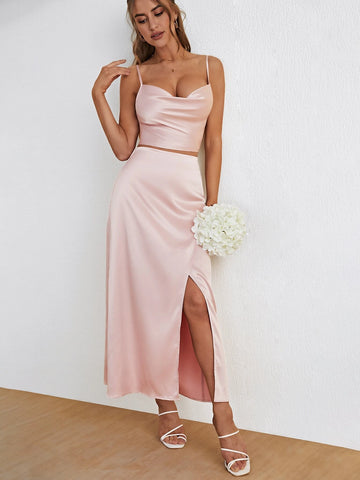 Solid Cami Top & Wrap Split Thigh Skirt