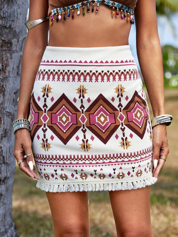 VCAY Geo Print Fringe Hem Skirt
