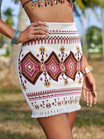 VCAY Geo Print Fringe Hem Skirt
