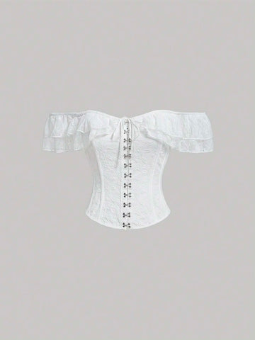 Off Shoulder Lace Trim Hook and Eye Front Blouse