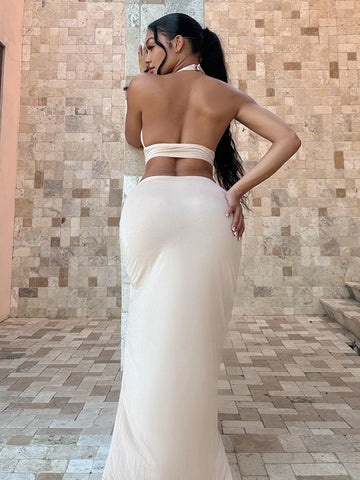 Twist Front Crop Halter Top & Split Thigh Skirt