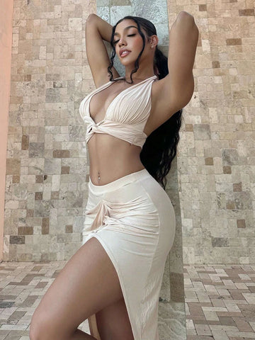 Twist Front Crop Halter Top & Split Thigh Skirt