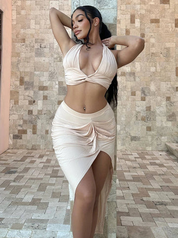 Twist Front Crop Halter Top & Split Thigh Skirt