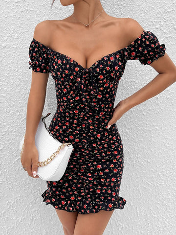 Ditsy Floral Print Off Shoulder Knot Front Ruched Ruffle Hem Bodycon Dress
