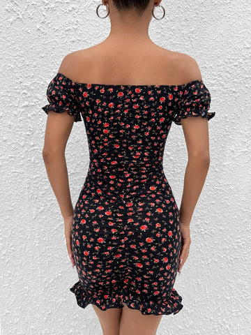 Ditsy Floral Print Off Shoulder Knot Front Ruched Ruffle Hem Bodycon Dress