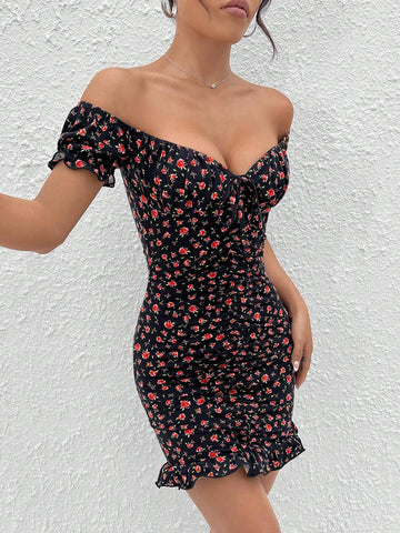 Ditsy Floral Print Off Shoulder Knot Front Ruched Ruffle Hem Bodycon Dress