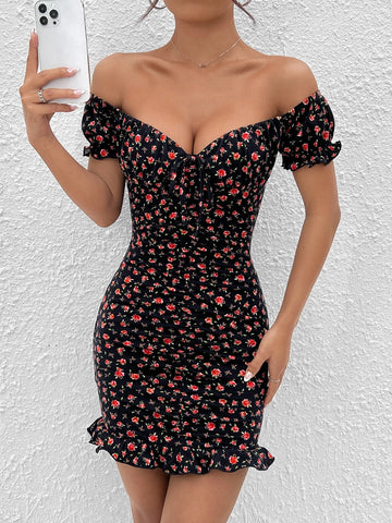 Ditsy Floral Print Off Shoulder Knot Front Ruched Ruffle Hem Bodycon Dress