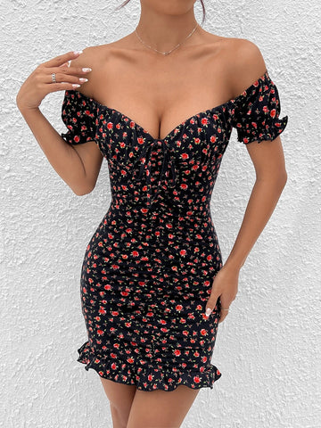 Ditsy Floral Print Off Shoulder Knot Front Ruched Ruffle Hem Bodycon Dress