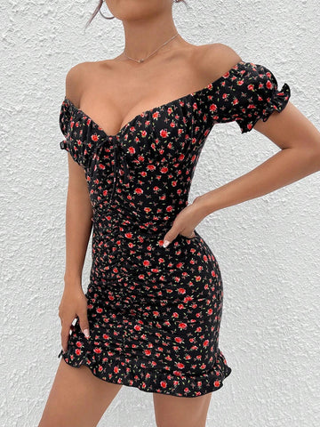 Ditsy Floral Print Off Shoulder Knot Front Ruched Ruffle Hem Bodycon Dress