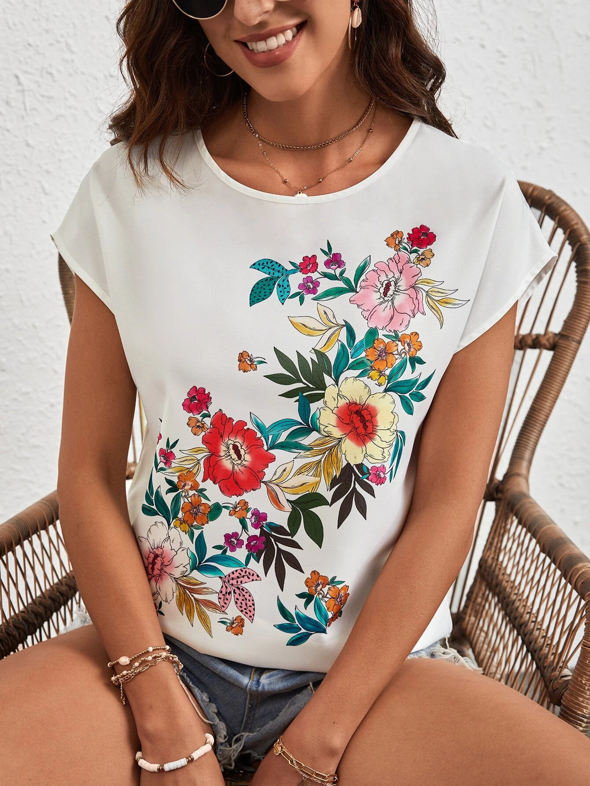 EMERY ROSE Floral Print Batwing Sleeve Blouse