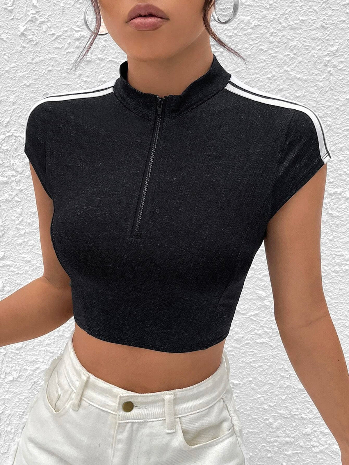 EZwear Striped Side Zip Half Placket Crop Tee