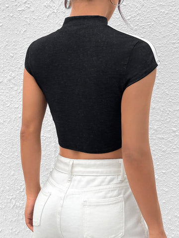 EZwear Striped Side Zip Half Placket Crop Tee