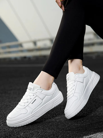 Sporty White Skate Shoes For Women, Letter Patch Decor Lace Up Sneakers