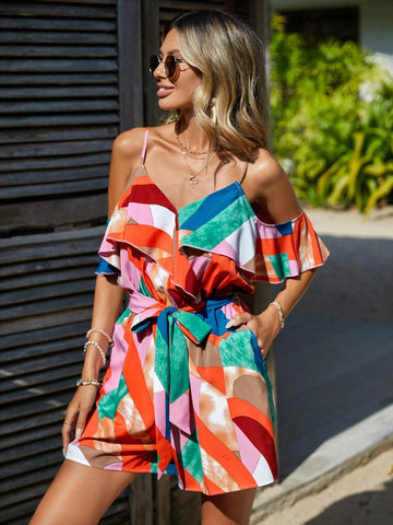 EMERY ROSE Allover Print Cold Shoulder Ruffle Trim Belted Romper