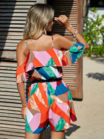 EMERY ROSE Allover Print Cold Shoulder Ruffle Trim Belted Romper