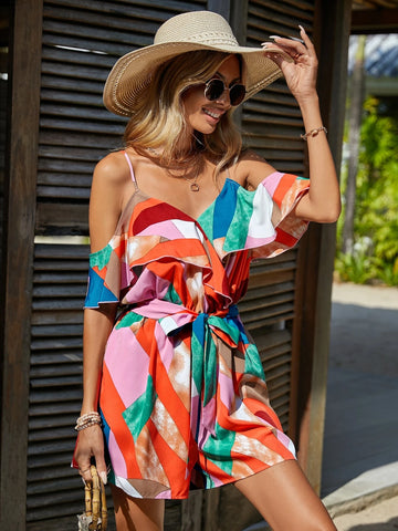 EMERY ROSE Allover Print Cold Shoulder Ruffle Trim Belted Romper