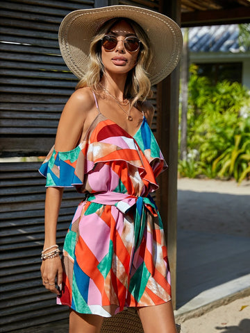 EMERY ROSE Allover Print Cold Shoulder Ruffle Trim Belted Romper