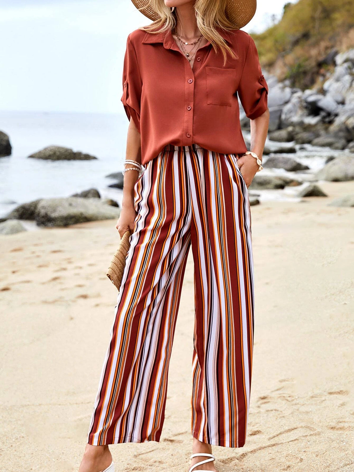 Roll Tab Sleeve Shirt & Striped Pants