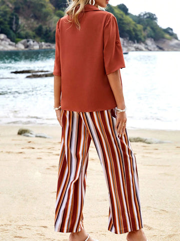 Roll Tab Sleeve Shirt & Striped Pants