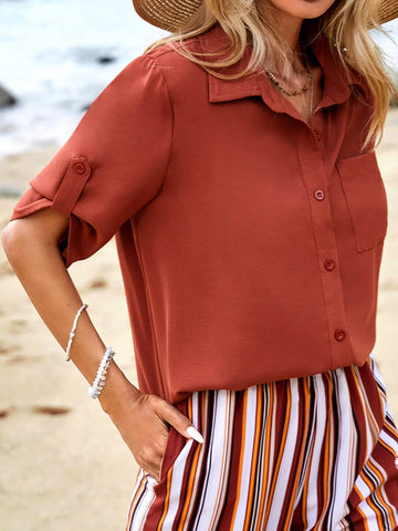 Roll Tab Sleeve Shirt & Striped Pants