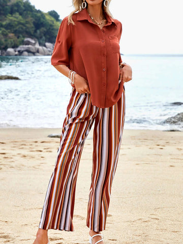 Roll Tab Sleeve Shirt & Striped Pants
