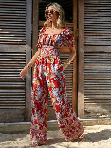 EMERY ROSE Tropical Print Ruffle Trim Top & Wide Leg Pants